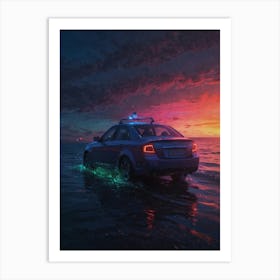 Car In The Ocean At Sunset Art Print