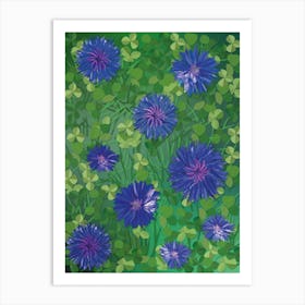 Flowers On The Grass. Blue Cornflowers On Green Grass With Green Clover Leaves Art Print