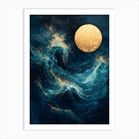 Golden Moon Over Abstract Waves – Expressionist Art In Blue And Gold Art Print