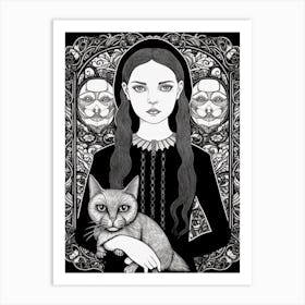 Wednesday Addams And A Cat Line Art Noveau 2 Fan Art Art Print