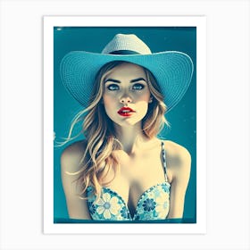 Beauty with Cowboy Hat - Blue Washed Art Print