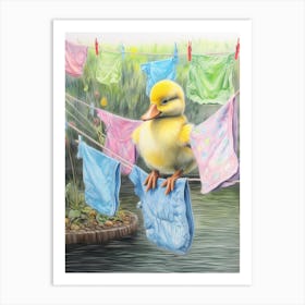 Duckling On The Washing Line Pastel Illustration 2 Art Print