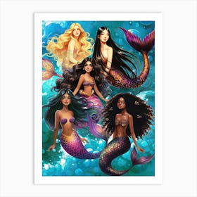 Mermaids, mermaid, friends, girls, kids, teen, children, bubbles, underwater, multiethnic, ocean, sea, water Art Print