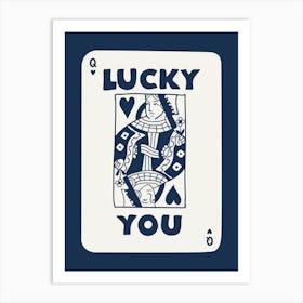 Lucky You Queen Playing Card Navy Art Print