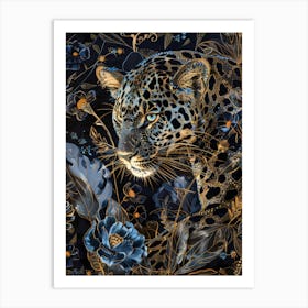 Leopard In Blue Flowers 1 Art Print