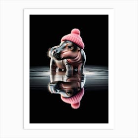 Baby Hippo in pink beanie hat Art Print