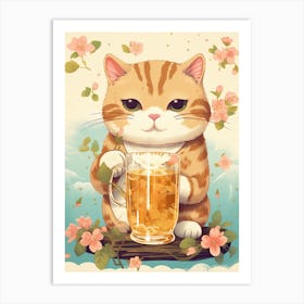 Kawaii Cat Drawings Drinking Tea 1 Art Print