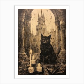 A Spooky Black Cat In The Church Courtyard With Candles Art Print