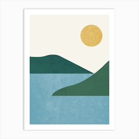 Sunny Lake Island Abstract Graphic Landscape - Yellow Green Blue Art Print