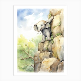 Elephant Painting Rock Climbing Watercolour 1 Art Print