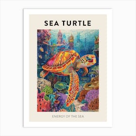 Sea Turtle In A Rainbow Underwater World Pencil Drawing Poster Art Print