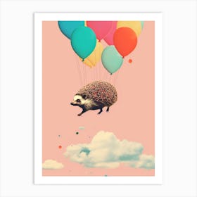 Vintage Collage Flying Hedgehog Balloons Art Print