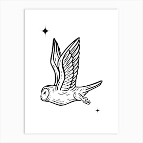 Owl In Flight Monoline Hand Drawing Aesthetic Illustration Art Print