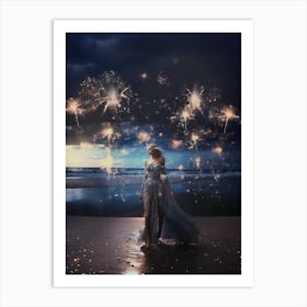 Woman on the beach surrounded by cosmic stardust 1 Art Print