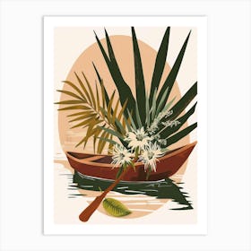 Tropical Boat With Palm Leaves Art Print