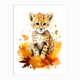 A Cheetah Watercolour In Autumn Colours 0 Art Print