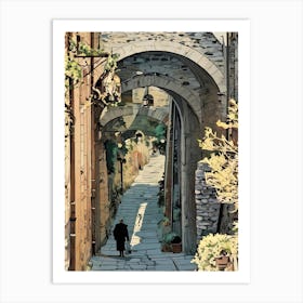 Sunlit Alleyway Under Stone Arches. A serene cobblestone alleyway bathed in sunlight, framed by aged stone arches and walls adorned with greenery. A solitary figure walks into the distance, evoking a sense of timeless solitude and quiet charm Art Print