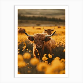 Highland Cows In Flower Field Art Print