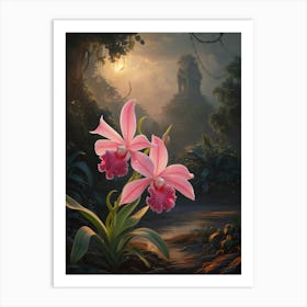 Pink Orchids In The Jungle, Oil painting, Sunrise and ancient structure in the background Art Print