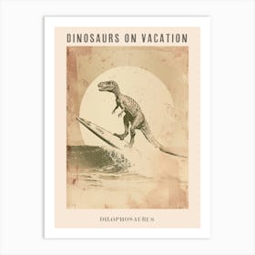 Vintage Dilophosaurus Dinosaur On A Surf Board 2 Poster Art Print