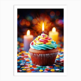 Cupcake Ablaze With Color Icing Swirling In A Kaleidoscope Pattern Single Candle Aglow Emulating A (1) Art Print