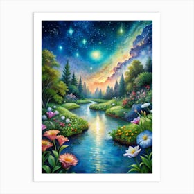 Hand Painted Night Sky Landscape Starry Night Forest In Celestial Serenity Art Print