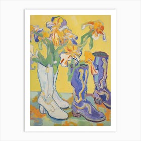 Painting Of Yellow Flowers And Cowboy Boots, Oil Style 10 Art Print