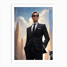 Businessman Wearing Sleek Sunglasses Sporting A Sharp Tailored Suit Standing Confidently In A Bus (3) Art Print