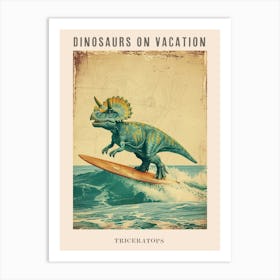 Vintage Triceratops Dinosaur On A Surf Board 2 Poster Art Print