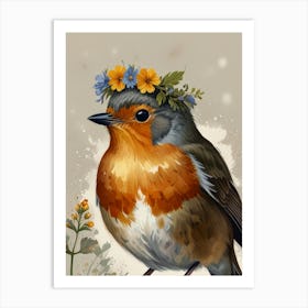 Robin With Flower Crown Style1 Watercolor 1 Art Print