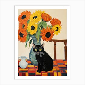 Sunflower Flower Vase And A Cat, A Painting In The Style Of Matisse 0 Art Print