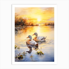 Ducks Swimming In The Lake At Sunset Watercolour 5 Art Print
