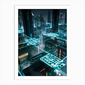 A Futuristic Cityscape Interconnected By Glowing Cyber Security Mesh Networks Represented By Pulsat (4) Art Print