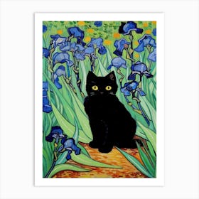 Irises Vang Gogh Painting With Black Cat Art Print