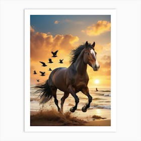 Horse Running On The Beach Art Print