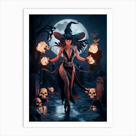 Sexy Young Witch with Tattoos and Fireballs #2 Art Print