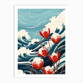 Great Wave With Tulip Flower Drawing In The Style Of Ukiyo E 1 Art Print