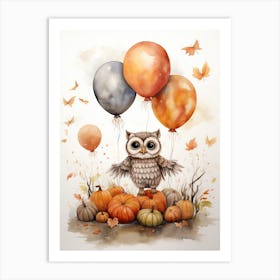 Owl Flying With Autumn Fall Pumpkins And Balloons Watercolour Nursery 1 Art Print