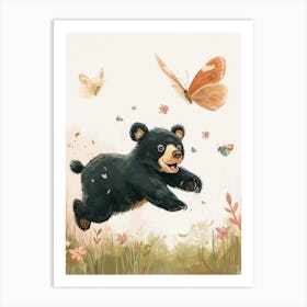 American Black Bear Cub Chasing After A Butterfly Storybook Illustration 4 Art Print