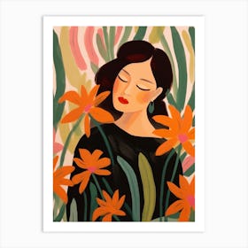 Woman With Autumnal Flowers Heliconia Art Print