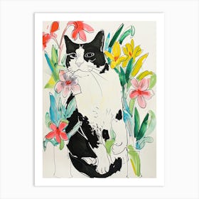 Cute Black And White Cat With Flowers Illustration 2 Art Print
