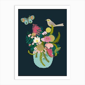 Bird and Butterfly with Native Flowers In A Vintage Vase on Dark Blue Background Art Print