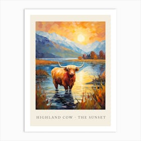 Highland Cow Sunset Impressionism Style Painting Art Print