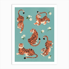 Fierce Tigers In Blue Art Print