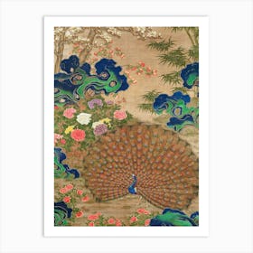 Chinese Peacock And Flowers Art Print