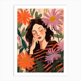 Woman With Autumnal Flowers Bee Balm 2 Art Print
