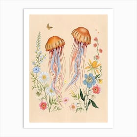 Folksy Floral Animal Drawing Jellyfish Art Print