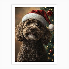 Black Cockapoo In Christmas Santa Hat Art Print