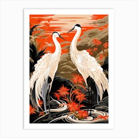 Black And Red Cranes 2 Vintage Japanese Botanical Art Print