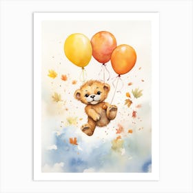 Lion Flying With Autumn Fall Pumpkins And Balloons Watercolour Nursery 1 Art Print
